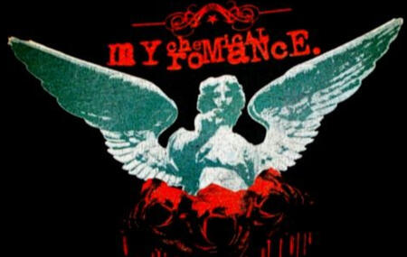 An image of an angel facing forward with her hand outstretched. There is a My Chemical Romance logo above her head.